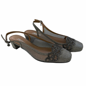 J. Renee Faleece Slingback Pumps 9.5 Pewter Glitter Snow Dot Mesh Block Heel